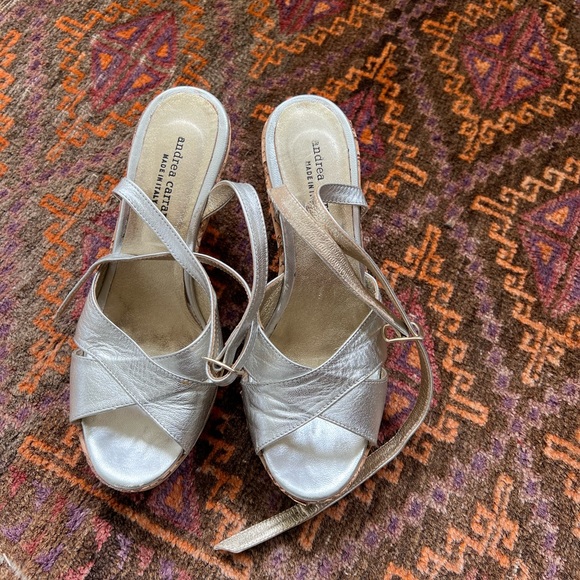 SILVER LEATHER AND CORK STRAPPY WEDGES - Picture 1 of 4